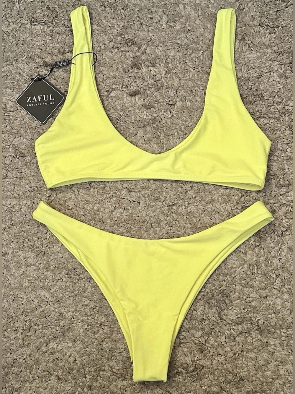 Zaful Forever Young Women’s M Neon Yellow Bikini Set Top/Cheeky Bottoms Swimwear